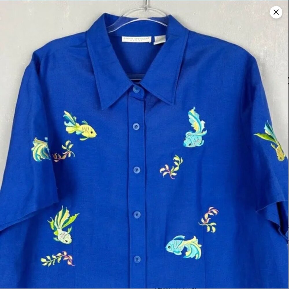 Vintage Sarah Spencer size 20W button down shirt embroidered fish blue linen - Picture 7 of 8